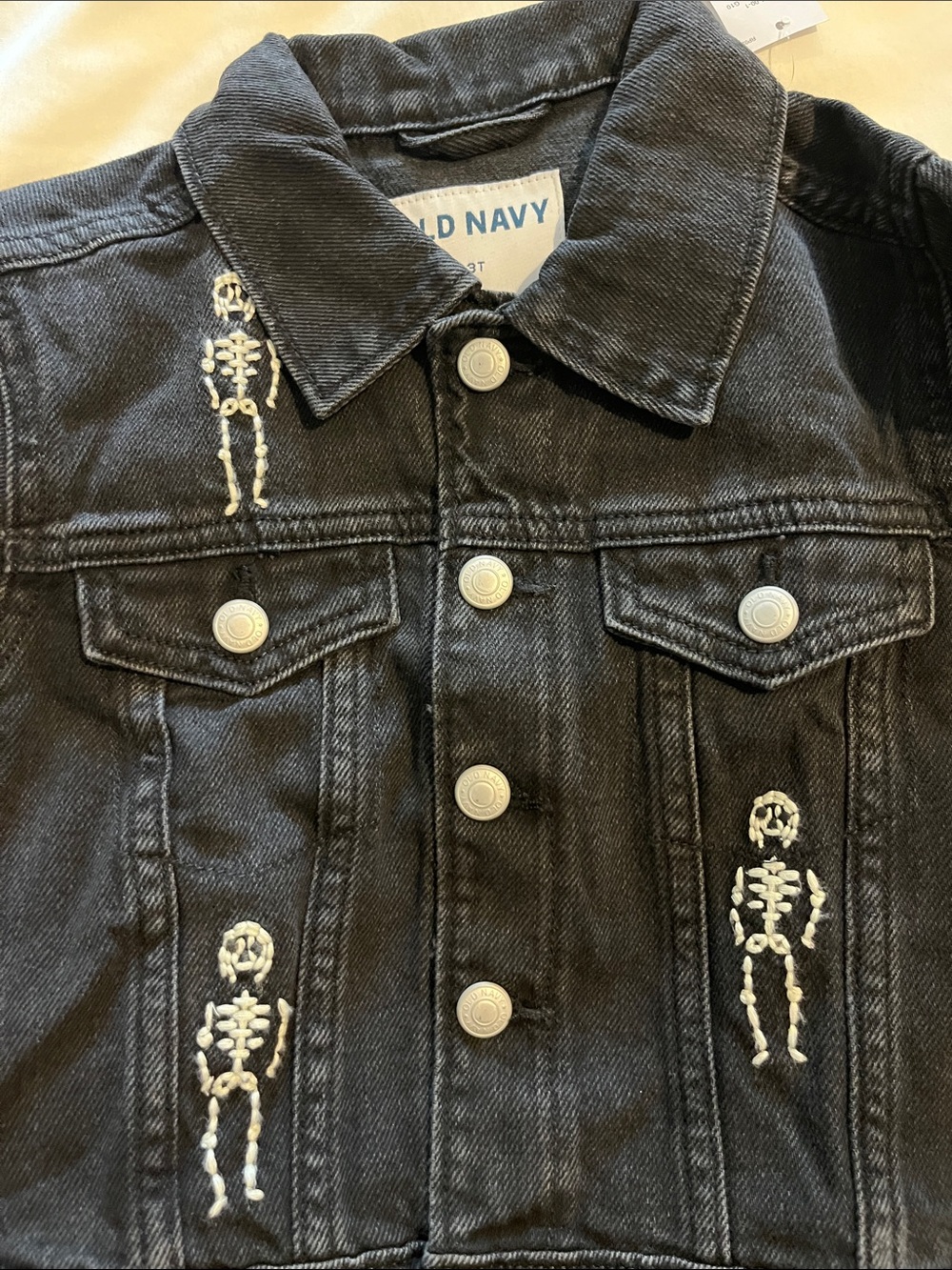 NWT Old Navy Black Denim Kids Jacket with White Skeleton Embroidery - Picture 7 of 7